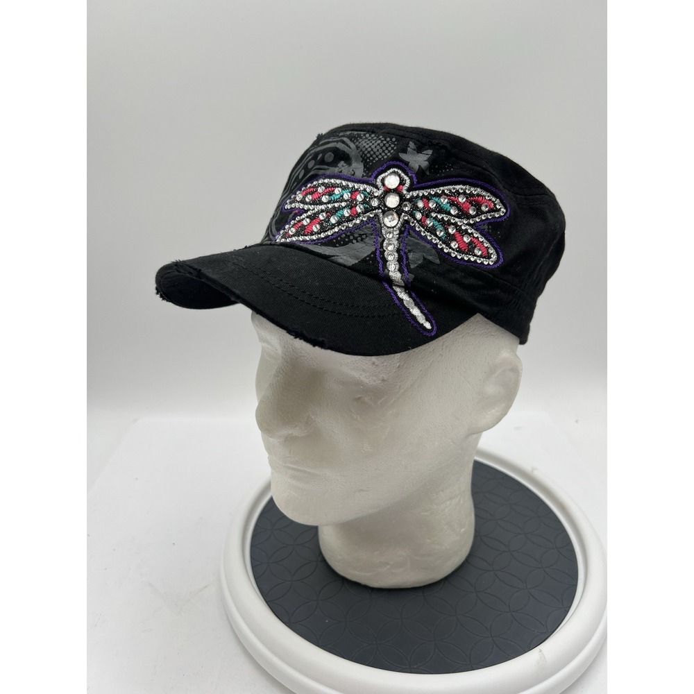 Wild Wear Womens Dragonfly Rhinestone Cadet Hat Black Distressed Military Cap